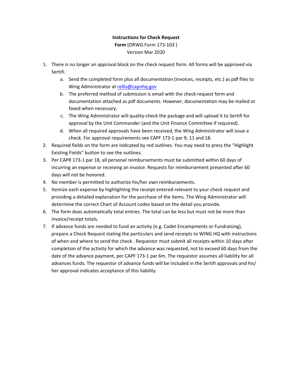 ORWG Form 173-103 Oregon Wing CAP Check Request, Page 2