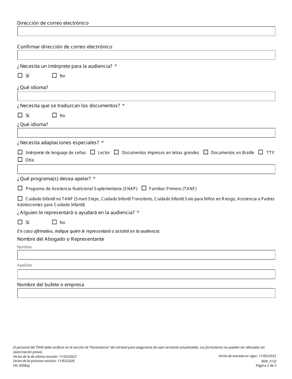Formulario HS-3058SP Solicitud Consolidada De Apelacion Del Departamento De Servicios Humanos De Tennessee Para Snap, Familias Primero Y Asistencia Para Cuidado Infantil - Tennessee (Spanish), Page 2