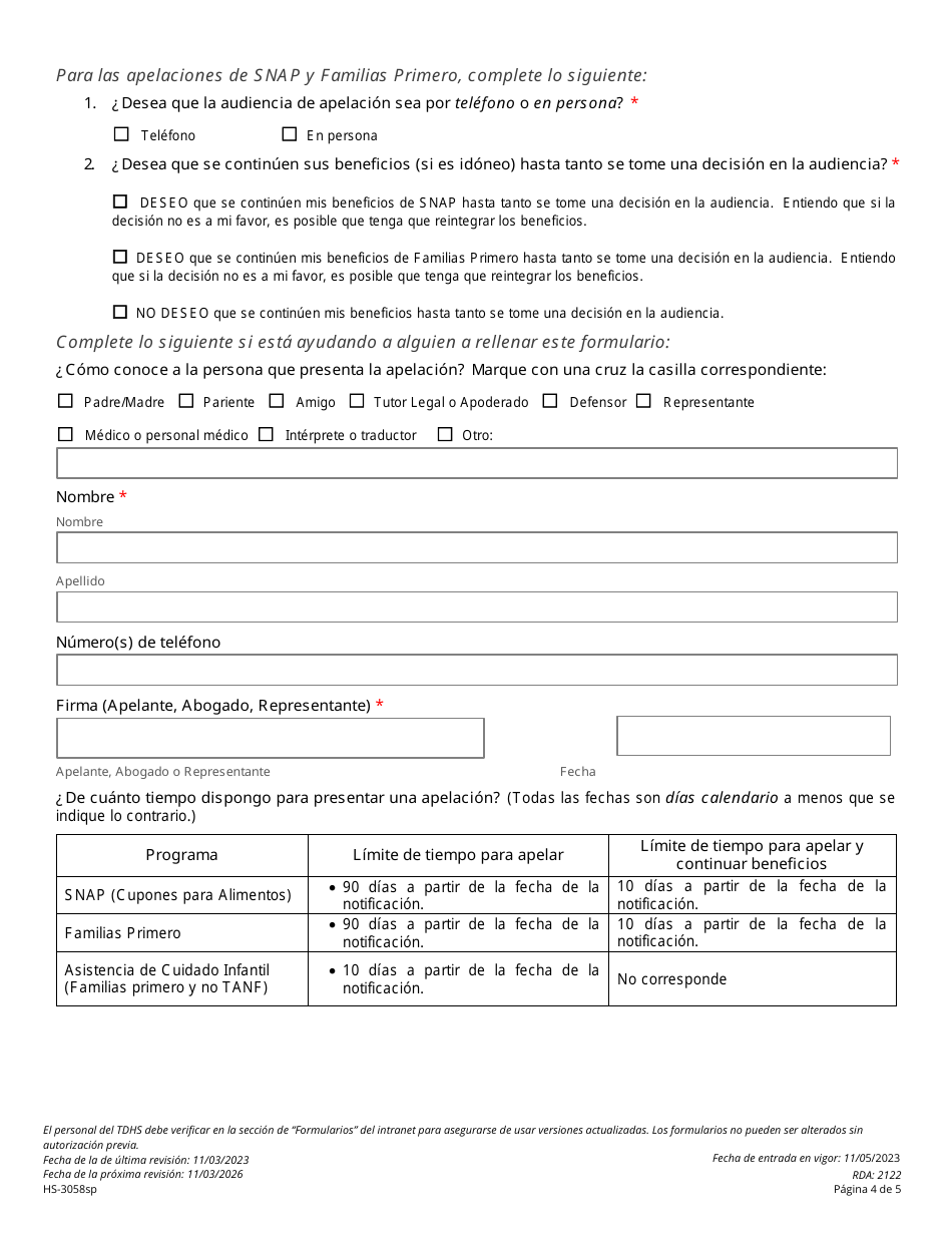 Formulario HS-3058SP Solicitud Consolidada De Apelacion Del Departamento De Servicios Humanos De Tennessee Para Snap, Familias Primero Y Asistencia Para Cuidado Infantil - Tennessee (Spanish), Page 4