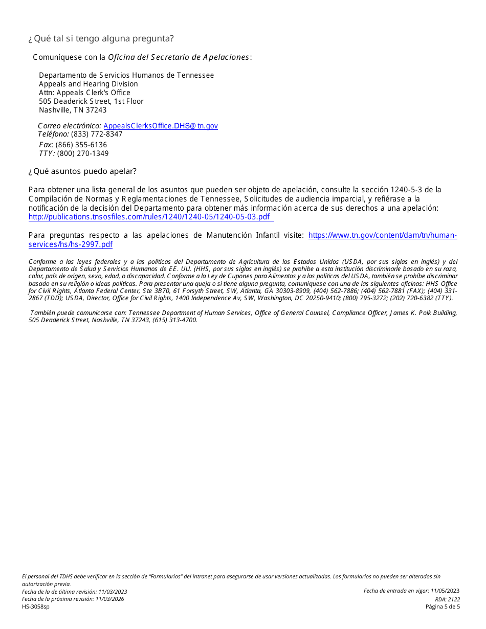 Formulario HS-3058SP Solicitud Consolidada De Apelacion Del Departamento De Servicios Humanos De Tennessee Para Snap, Familias Primero Y Asistencia Para Cuidado Infantil - Tennessee (Spanish), Page 5