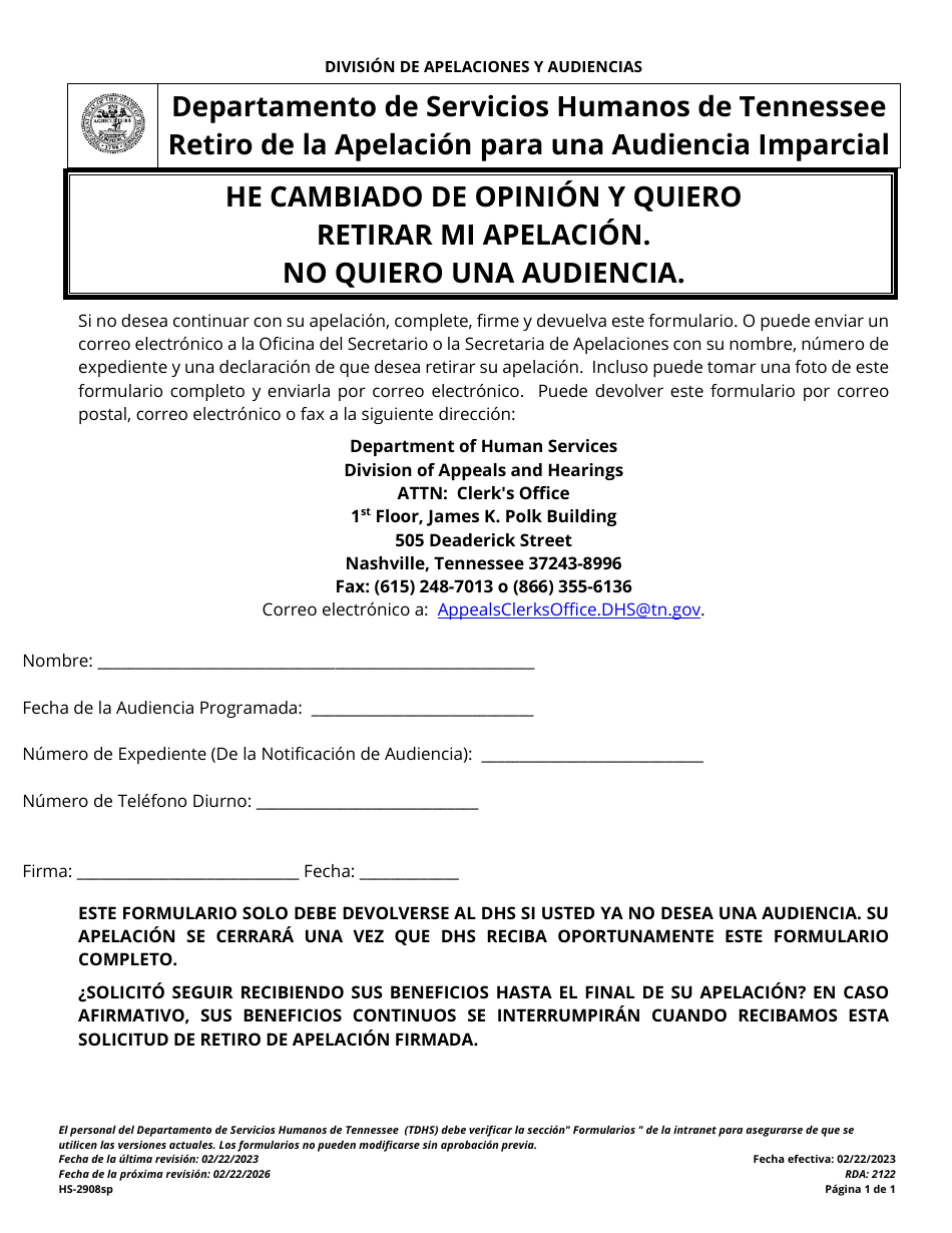 Formulario HS-2908SP Retiro De La Apelacion Para Una Audiencia Imparcial - Tennessee (Spanish), Page 1