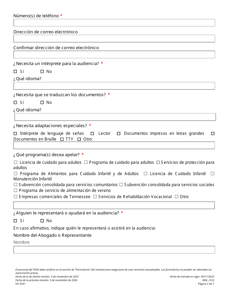 Formulario HS-3541 Solicitud Consolidada De Apelacion Que No Sea Para Asistencia Familiar - Tennessee (Spanish), Page 2