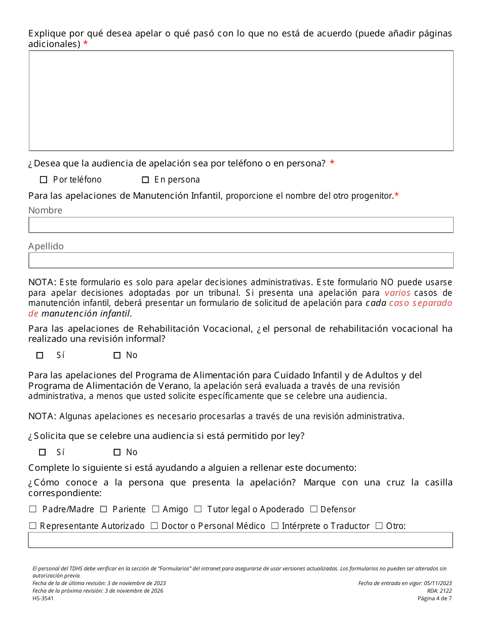 Formulario HS-3541 Solicitud Consolidada De Apelacion Que No Sea Para Asistencia Familiar - Tennessee (Spanish), Page 4