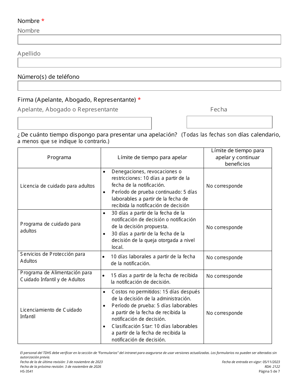 Formulario HS-3541 Solicitud Consolidada De Apelacion Que No Sea Para Asistencia Familiar - Tennessee (Spanish), Page 5