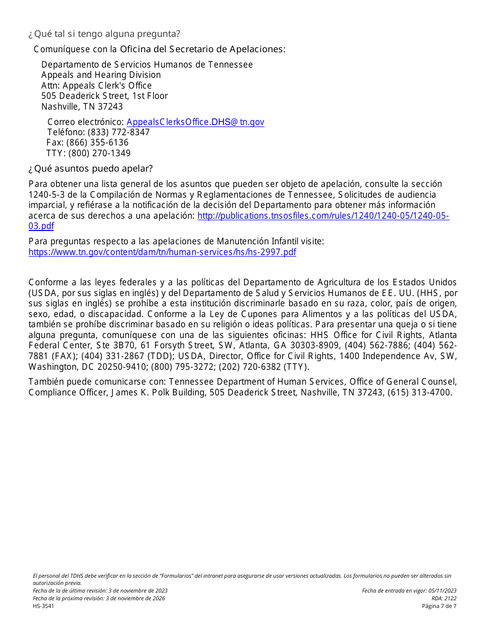 Formulario HS-3541 Solicitud Consolidada De Apelacion Que No Sea Para Asistencia Familiar - Tennessee (Spanish), Page 7