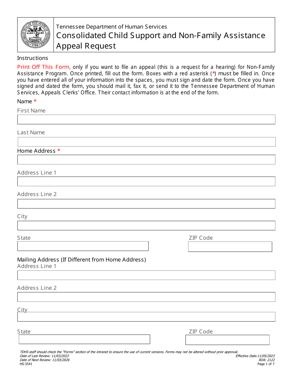 Form HS-3541 Consolidated Child Support and Non-family Assistance Appeal Request - Tennessee, Page 1