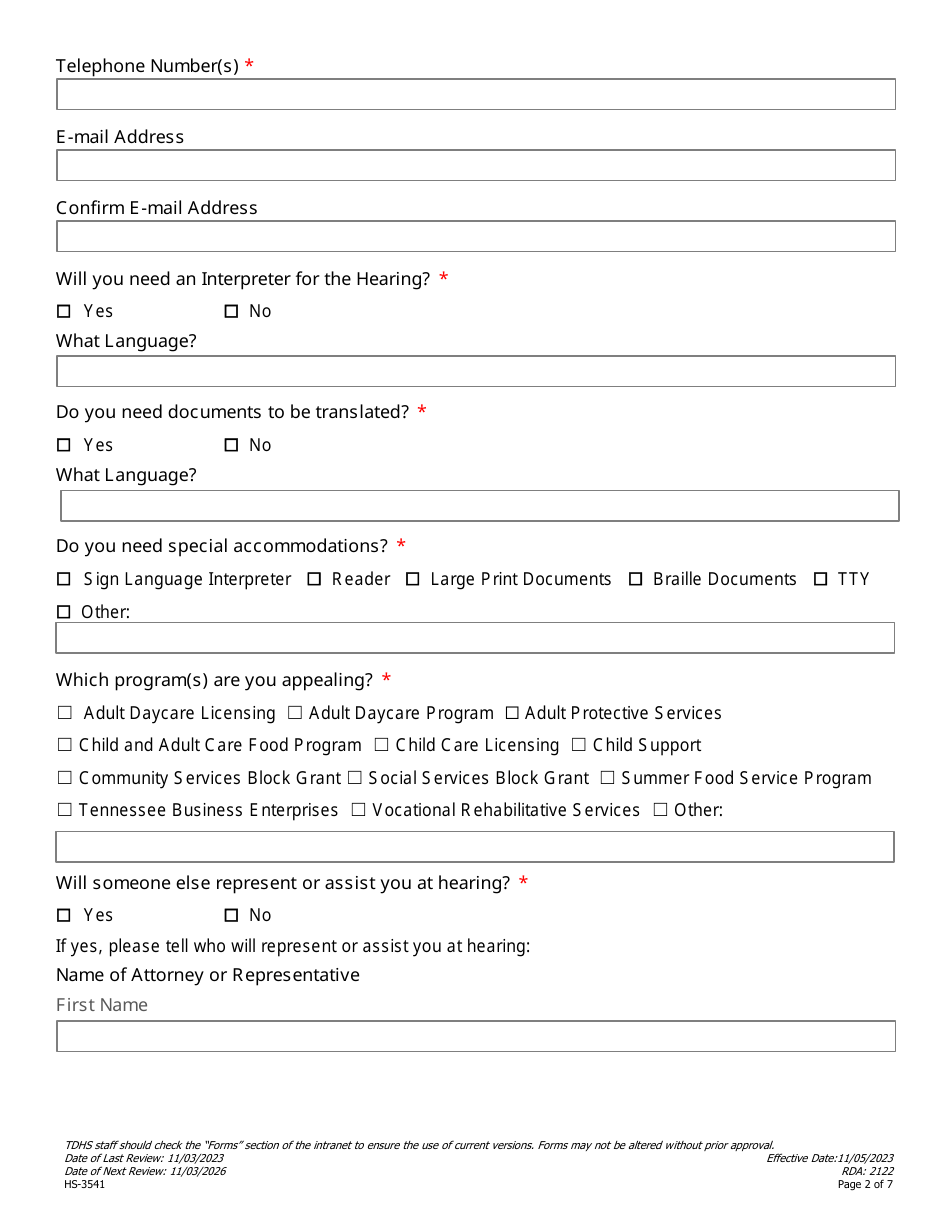 Form HS-3541 Consolidated Child Support and Non-family Assistance Appeal Request - Tennessee, Page 2