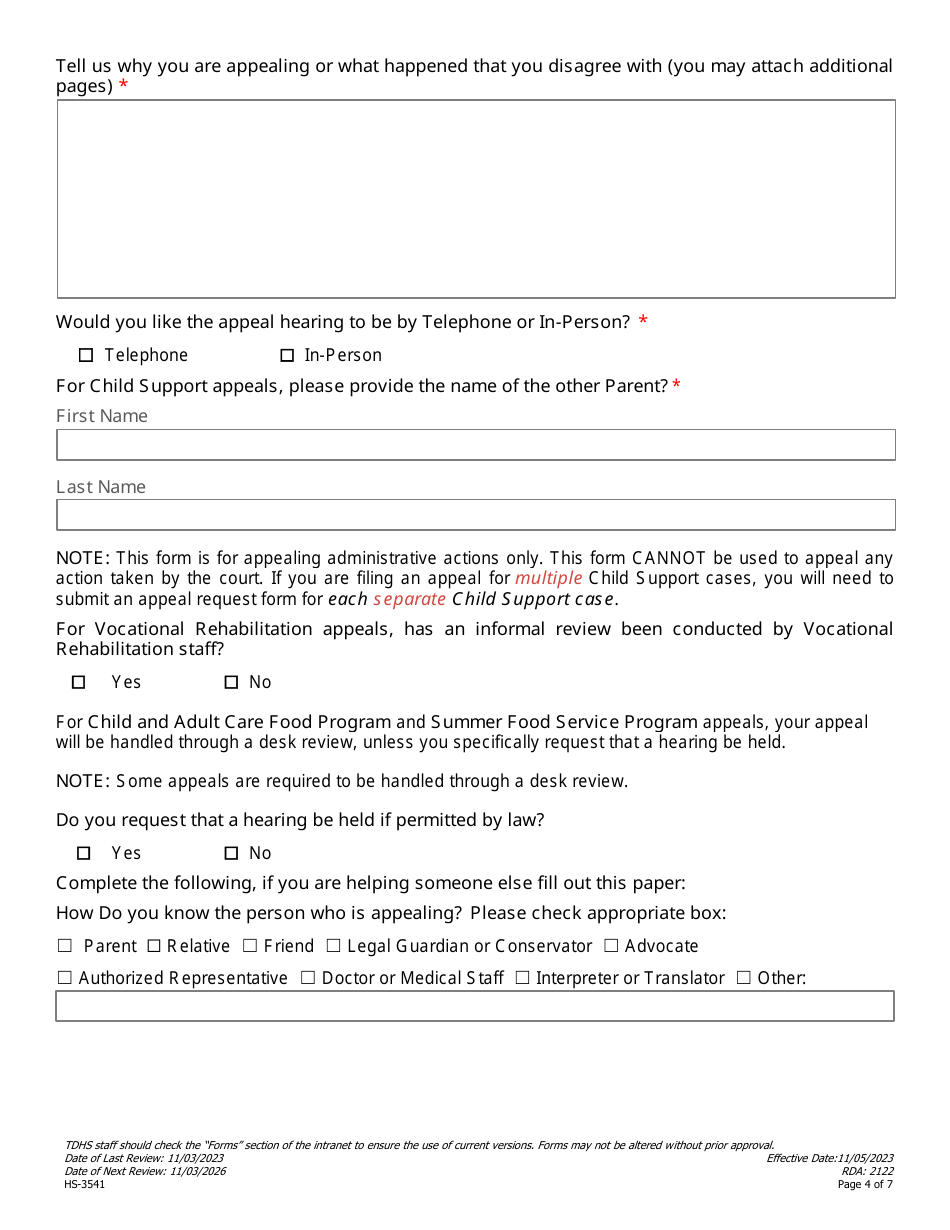 Form HS-3541 Consolidated Child Support and Non-family Assistance Appeal Request - Tennessee, Page 4