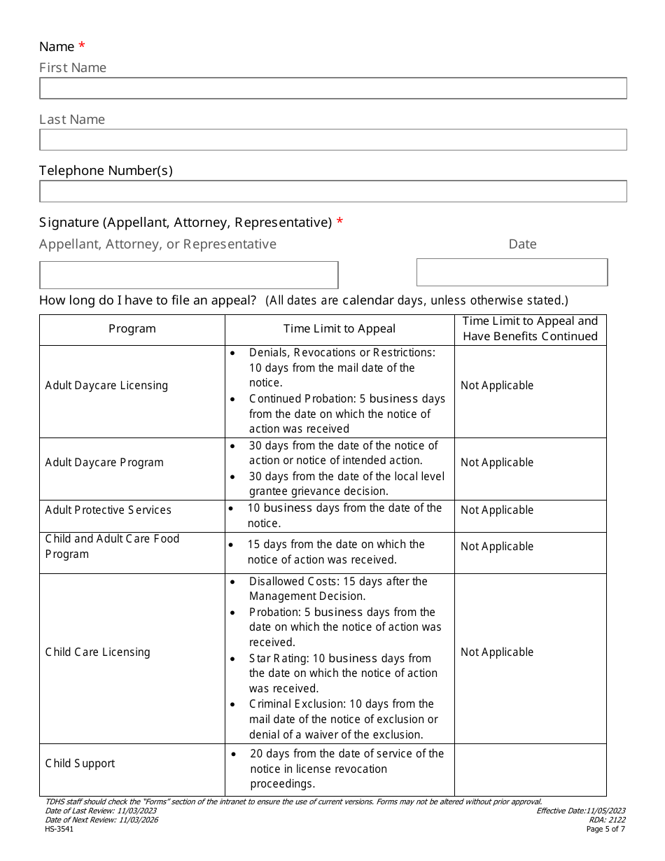 Form HS-3541 Consolidated Child Support and Non-family Assistance Appeal Request - Tennessee, Page 5