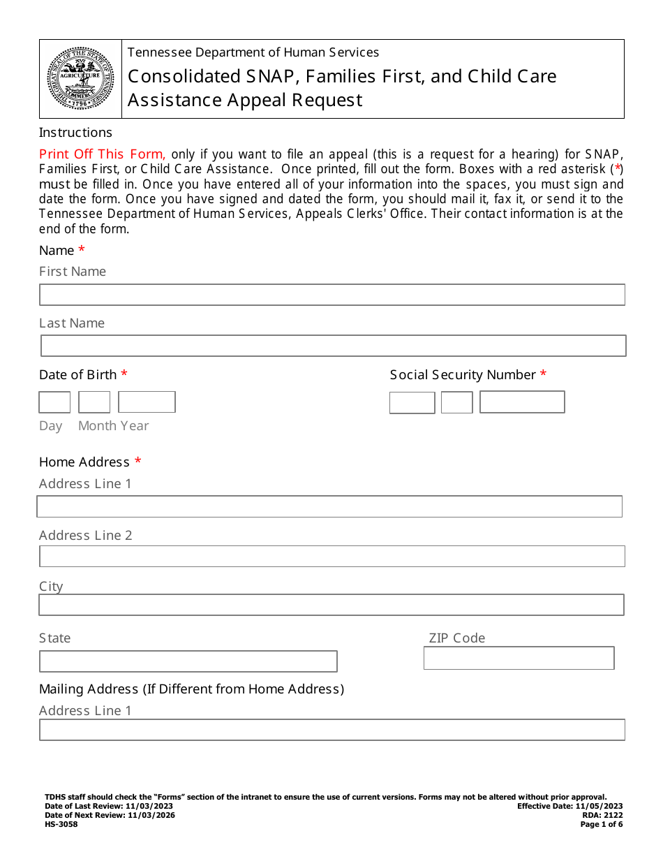 Form HS-3058 Consolidated Snap, Families First, and Child Care Assistance Appeal Request - Tennessee, Page 1
