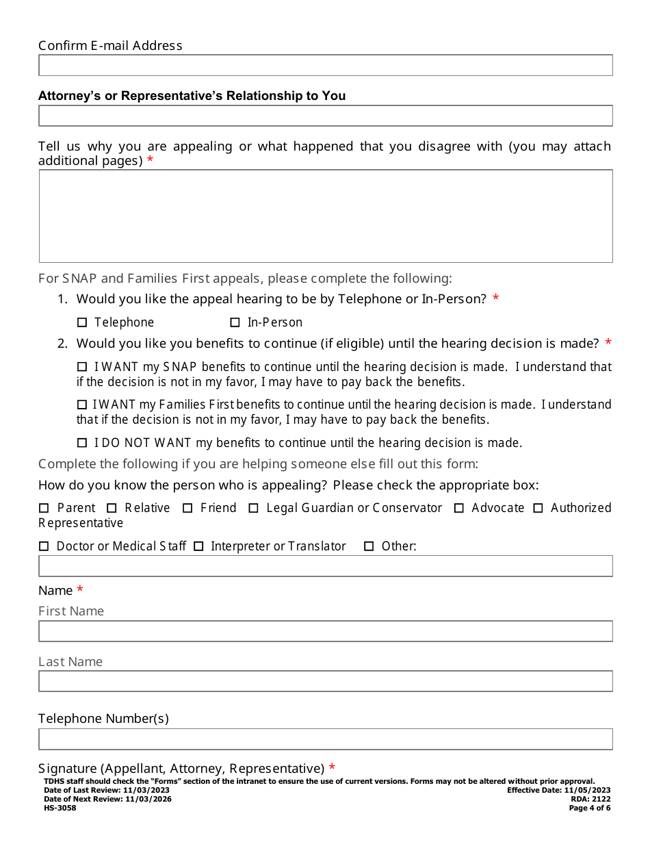 Form HS-3058 Consolidated Snap, Families First, and Child Care Assistance Appeal Request - Tennessee, Page 4