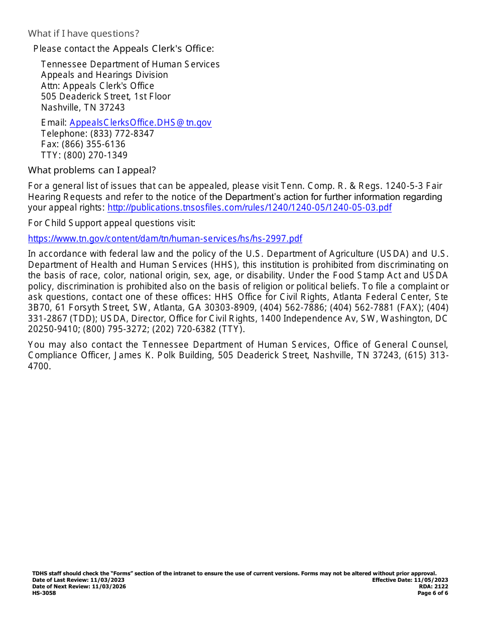 Form HS-3058 Consolidated Snap, Families First, and Child Care Assistance Appeal Request - Tennessee, Page 6