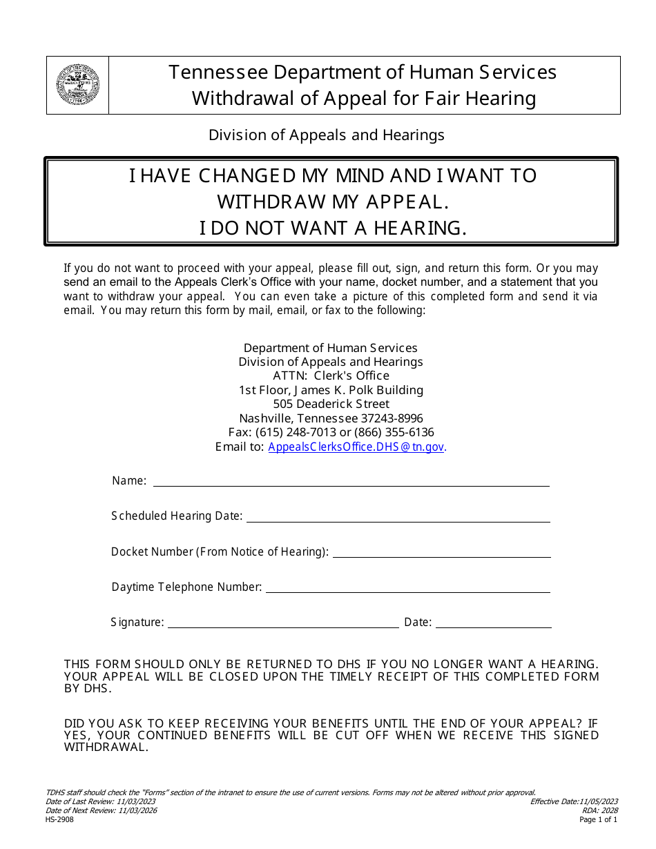 Form HS2908 Download Fillable PDF or Fill Online Withdrawal of Appeal for Fair Hearing