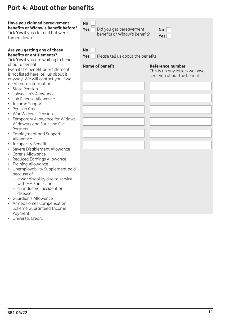 Form BB1 Bereavement Benefits Claim Form - United Kingdom, Page 11