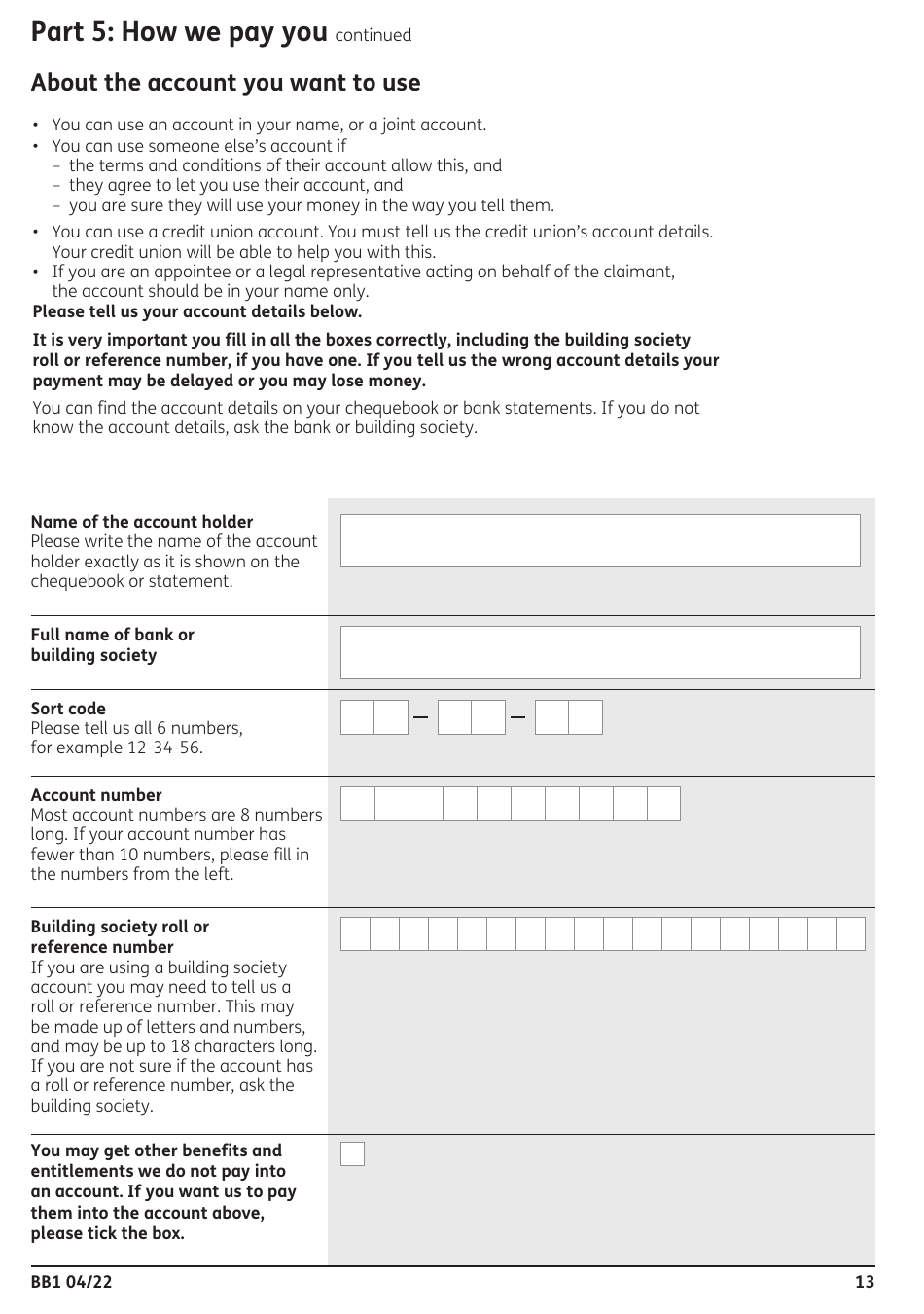 Form BB1 Bereavement Benefits Claim Form - United Kingdom, Page 13