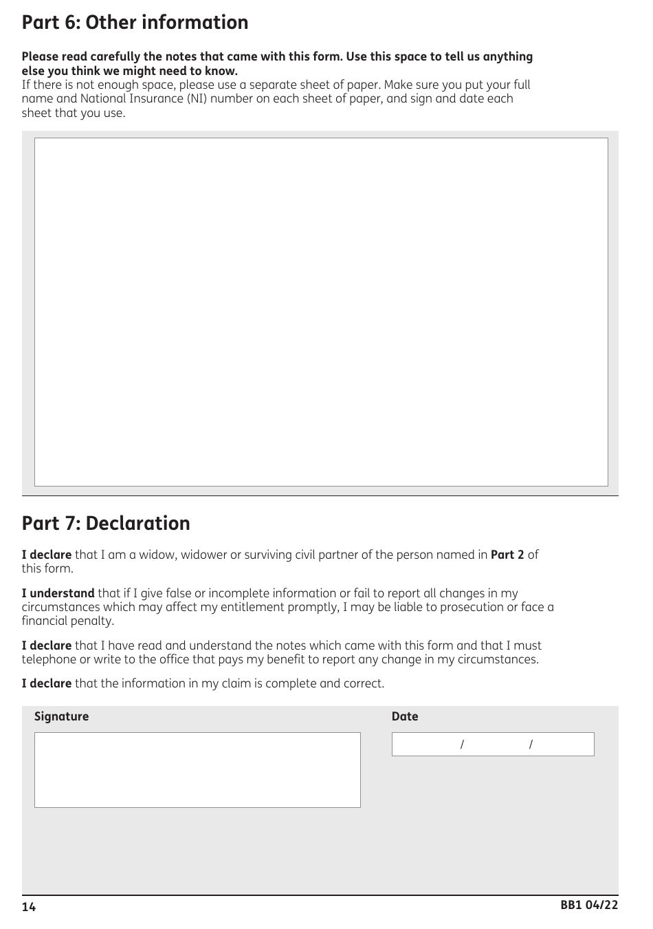 Form BB1 Bereavement Benefits Claim Form - United Kingdom, Page 14