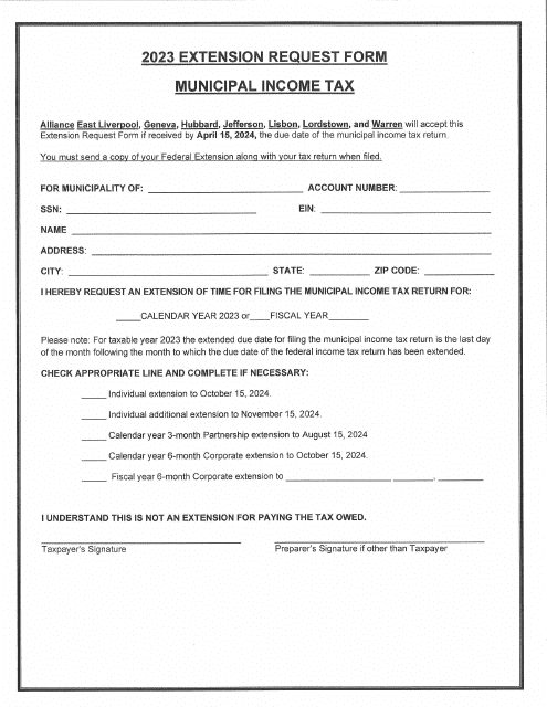 Extension Request Form - Municipal Income Tax - Village of Lordstown, Ohio Download Pdf