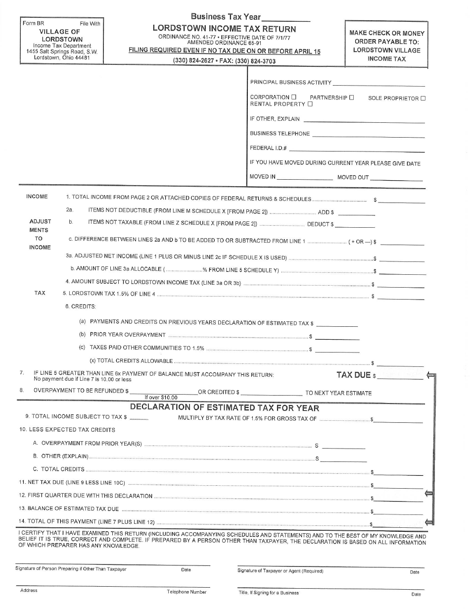 Form BR Business Tax Return - Village of Lordstown, Ohio, Page 1
