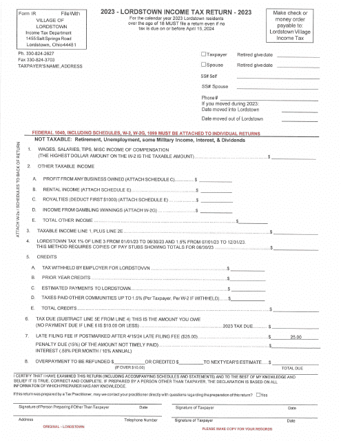 Form IR Individual Income Tax Return - Village of Lordstown, Ohio, 2023