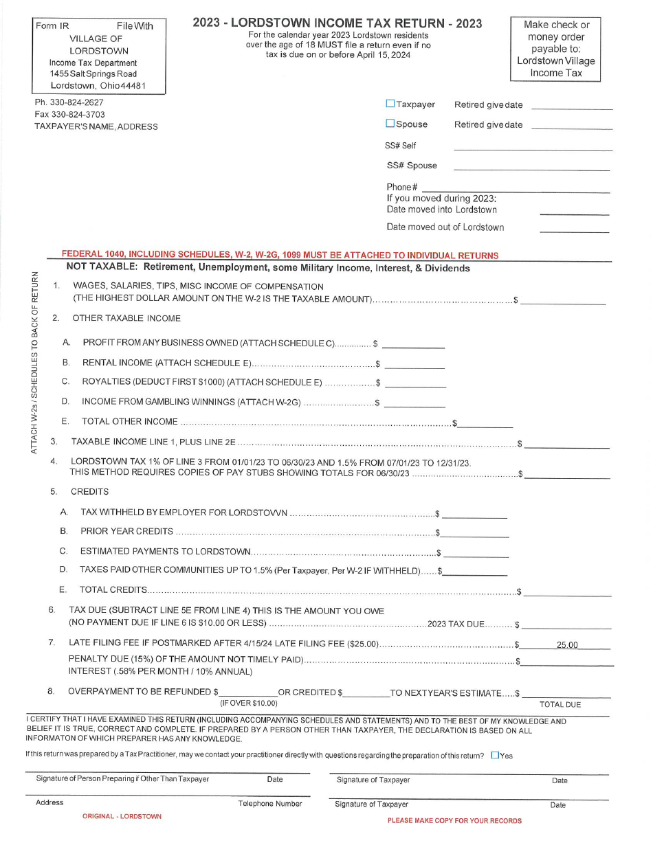 Form IR Individual Income Tax Return - Village of Lordstown, Ohio, Page 1