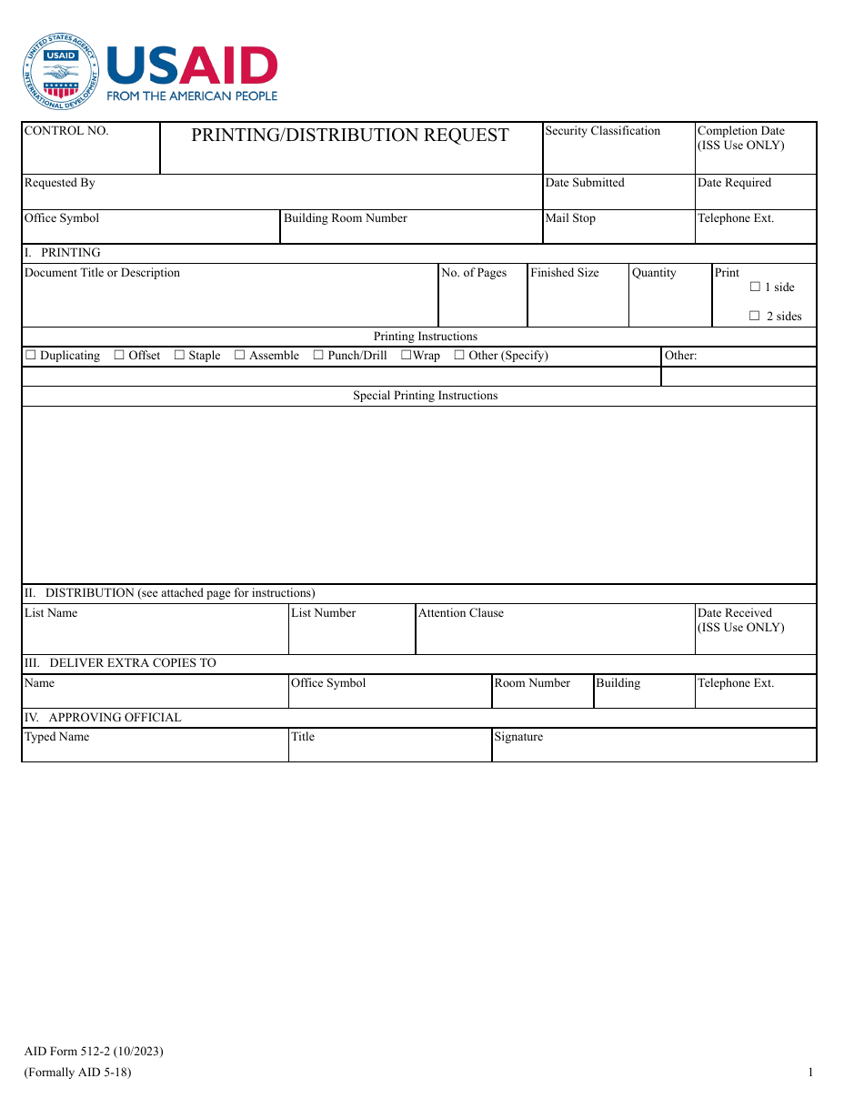 Form AID512-2 Printing / Distribution Request, Page 1