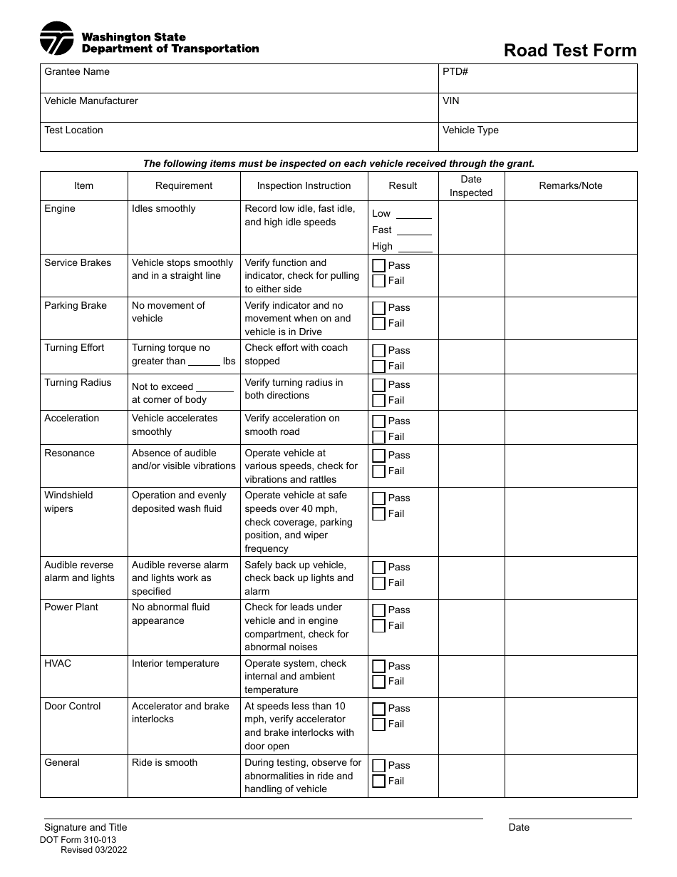 DOT Form 310-013 Road Test Form - Washington, Page 1
