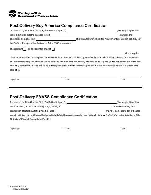DOT Form 310-012 Post-delivery Buy America Compliance Certification - Washington