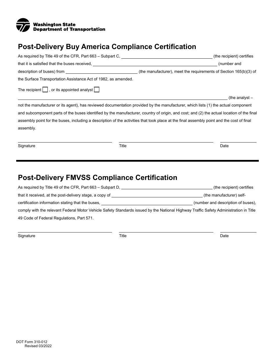 DOT Form 310-012 Post-delivery Buy America Compliance Certification - Washington, Page 1