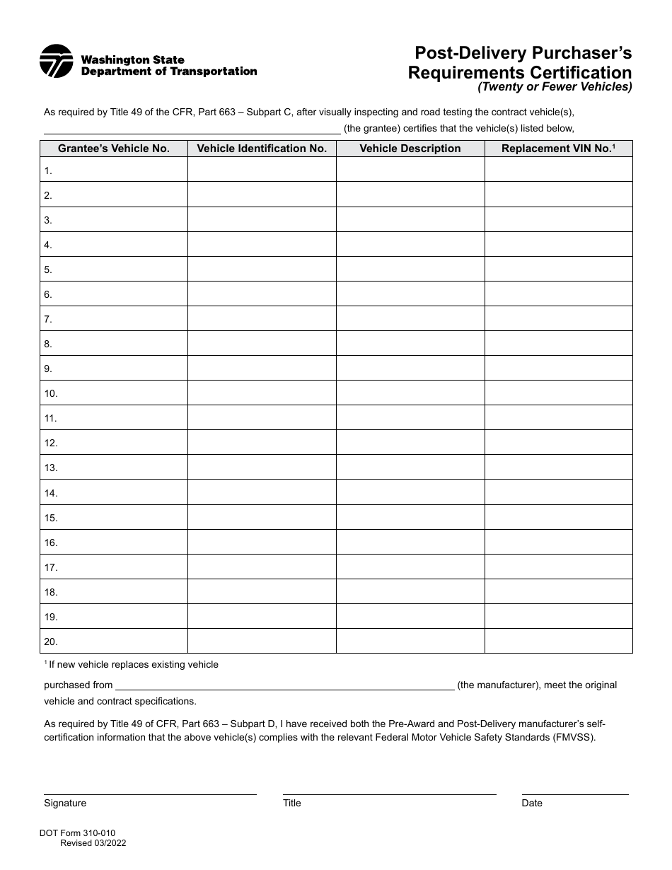 DOT Form 310-010 Post-delivery Purchasers Requirements Certification (Twenty or Fewer Vehicles) - Washington, Page 1