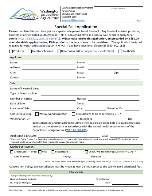 Form AGR-7046 Special Sale Application - Washington