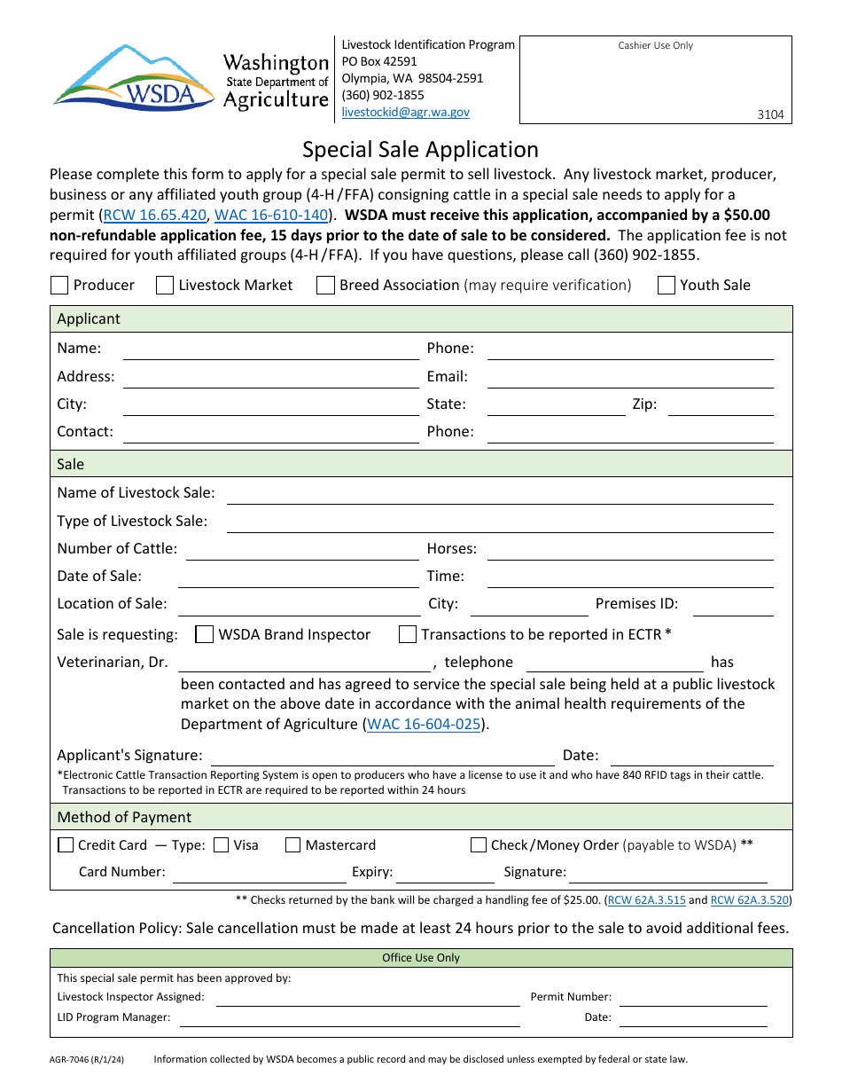 Form AGR-7046 Download Fillable PDF or Fill Online Special Sale ...