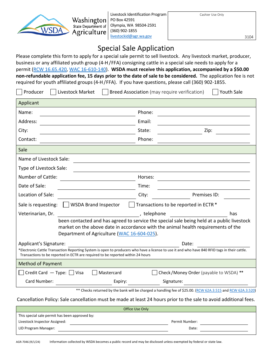 Form AGR-7046 Special Sale Application - Washington, Page 1