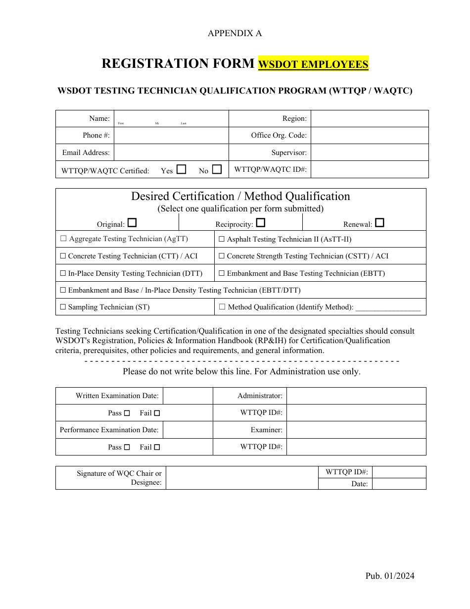 Appendix A Registration Form for Wsdot Employees - Wsdot Testing Technician Qualification Program (Wttqp / Waqtc) - Washington, Page 1