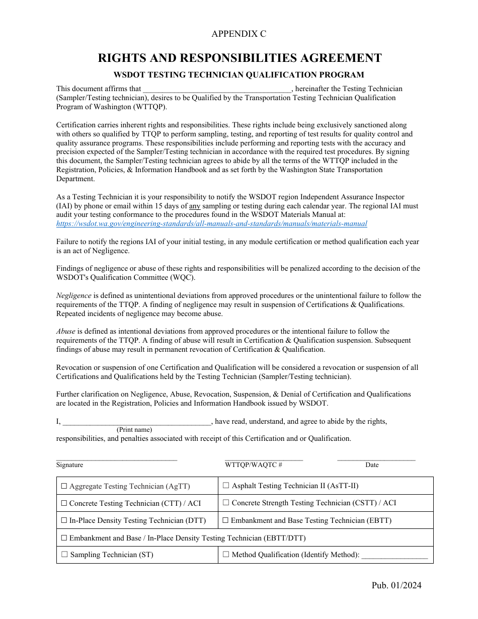 Appendix C Rights and Responsibilities Agreement - Wsdot Testing Technician Qualification Program - Washington, Page 1