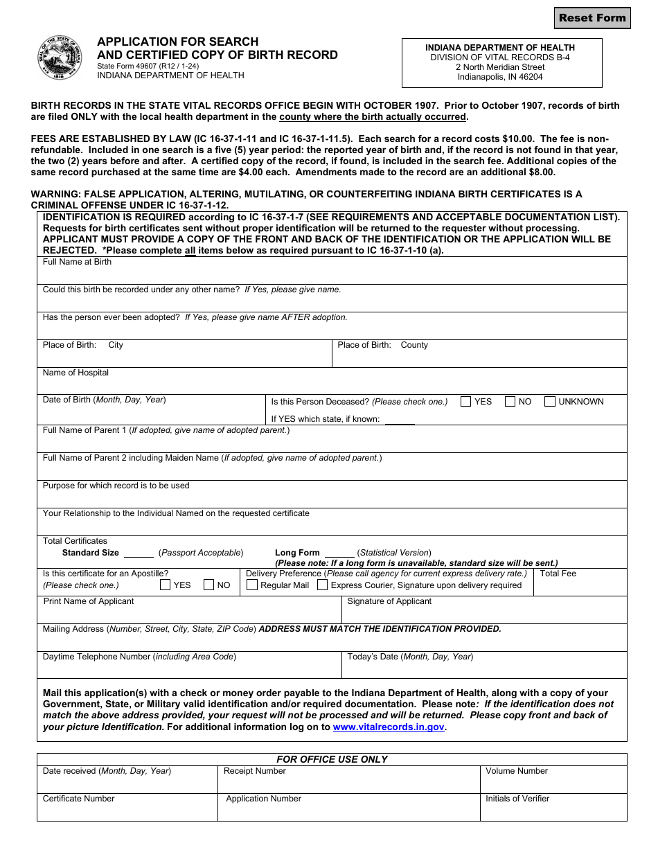 State Form 49607 Application for Search and Certified Copy of Birth Record - Indiana, Page 1