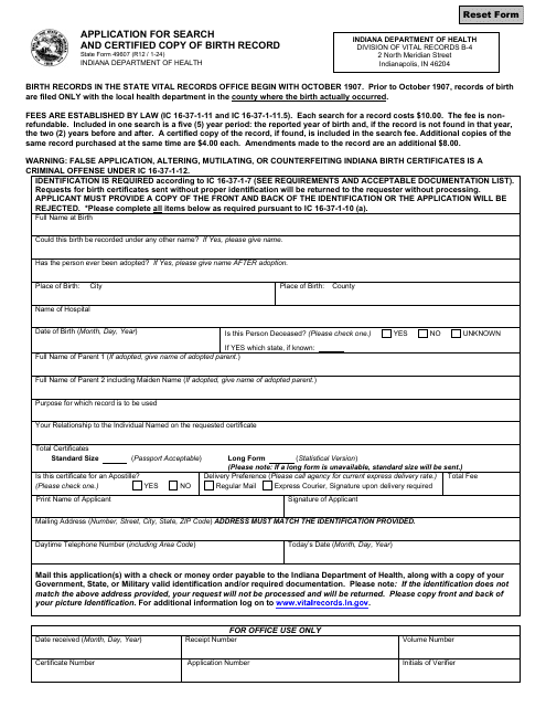 State Form 49607 Application for Search and Certified Copy of Birth Record - Indiana