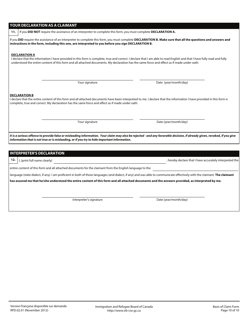 Form RPD.02.01 Basis of Claim Form - Canada, Page 10