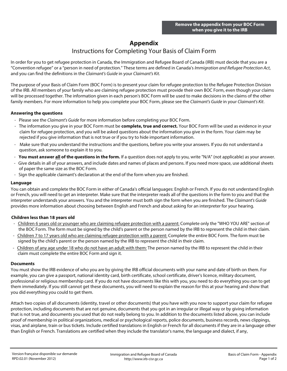 Form RPD.02.01 Basis of Claim Form - Canada, Page 11