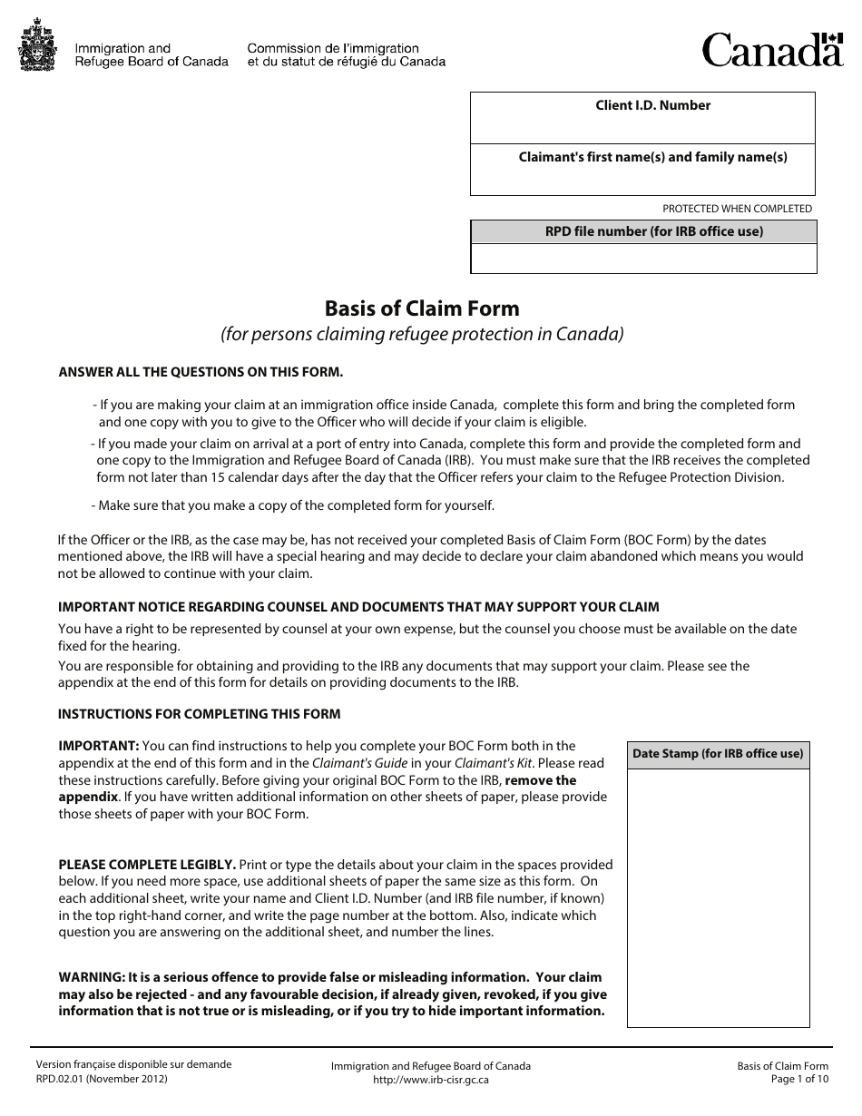 Form RPD.02.01 Basis of Claim Form - Canada, Page 1