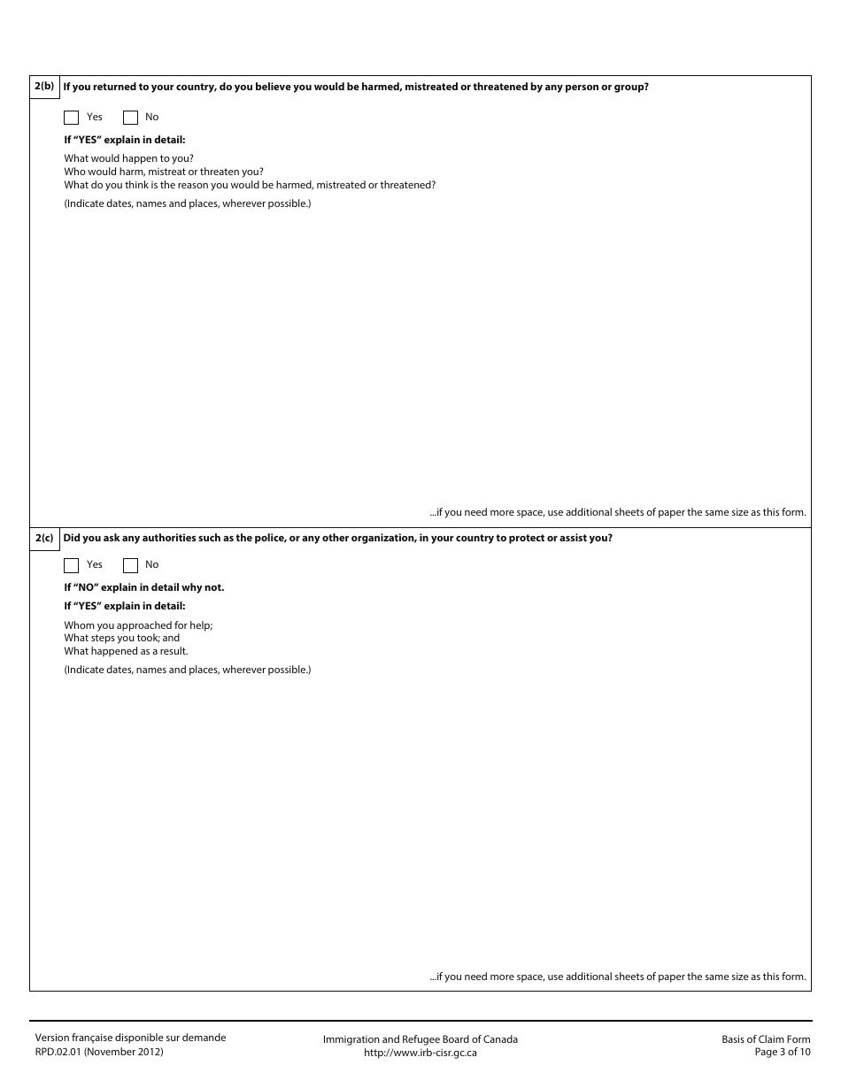 Form RPD.02.01 Basis of Claim Form - Canada, Page 3