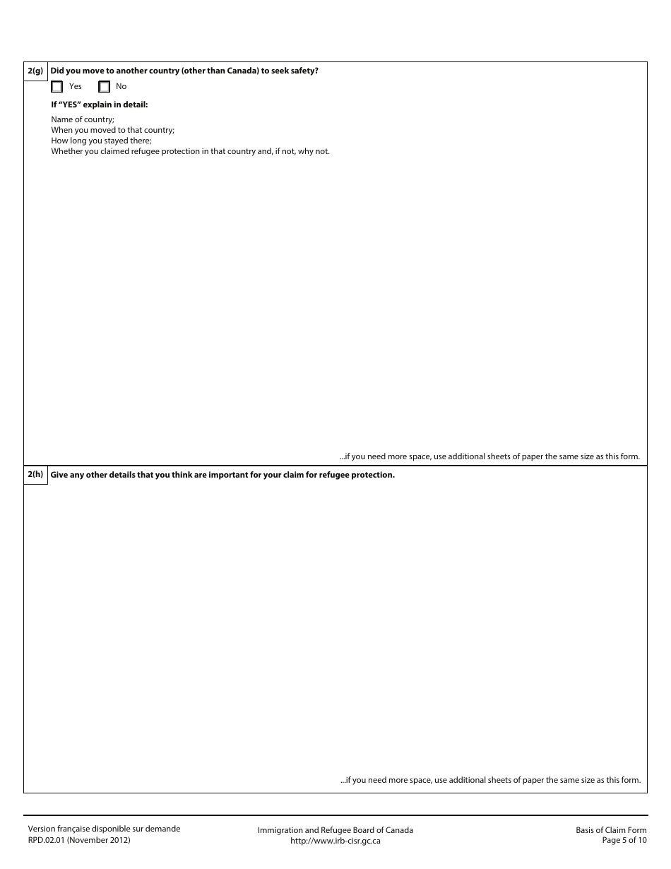 Form RPD.02.01 Basis of Claim Form - Canada, Page 5