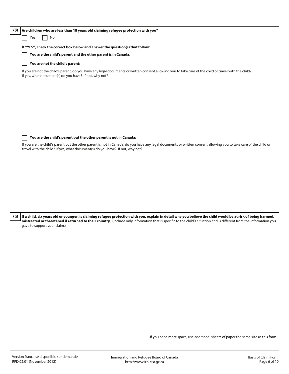 Form RPD.02.01 Basis of Claim Form - Canada, Page 6