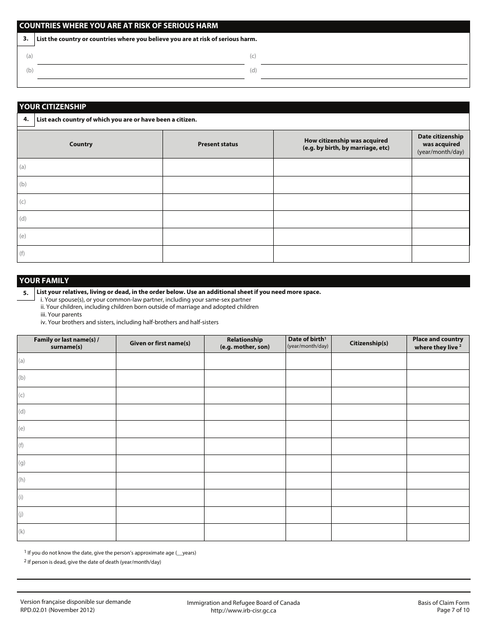 Form RPD.02.01 Basis of Claim Form - Canada, Page 7