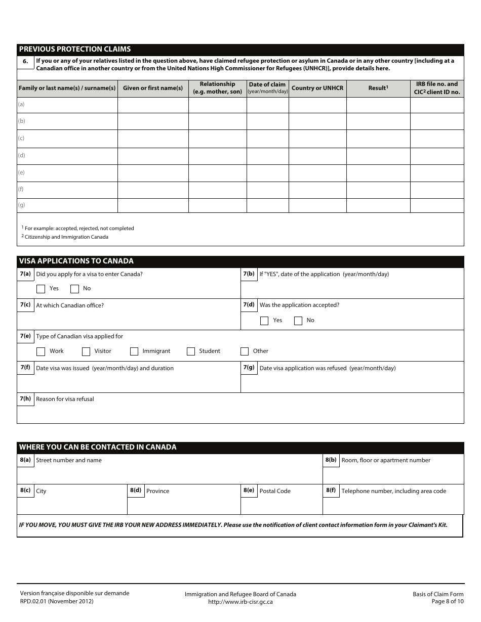 Form RPD.02.01 Basis of Claim Form - Canada, Page 8