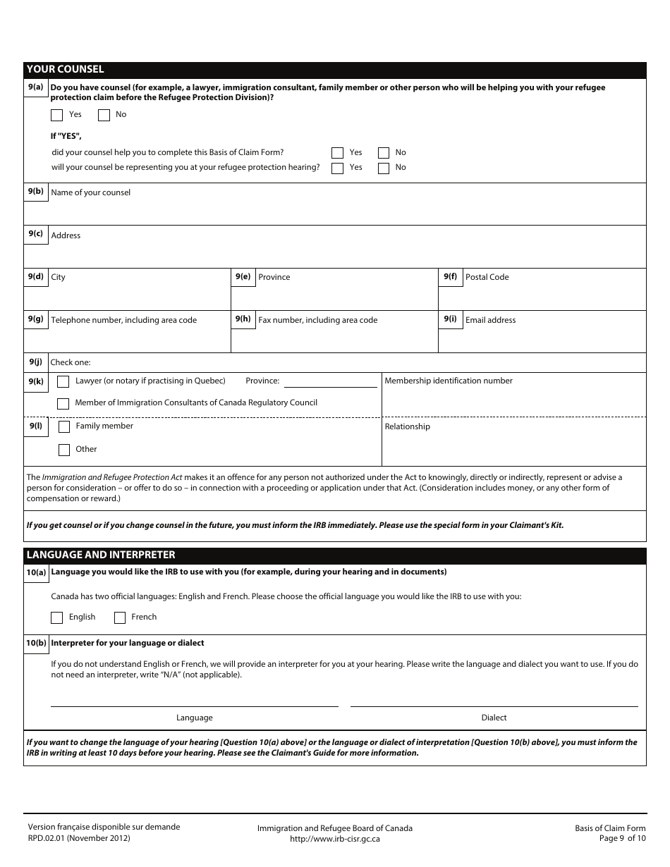 Form RPD.02.01 Basis of Claim Form - Canada, Page 9