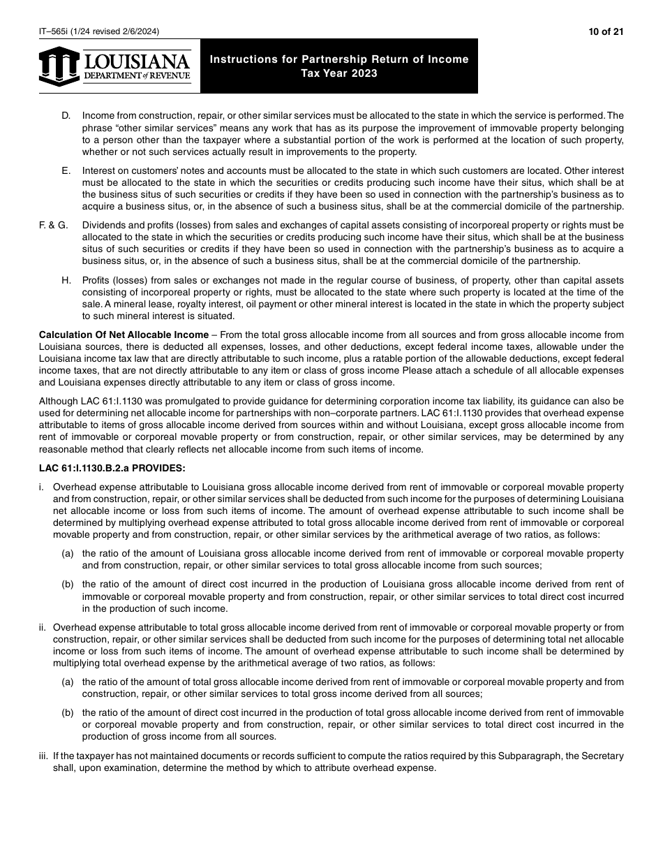 Instructions for Form IT-565 Partnership Return of Income - Louisiana, Page 10