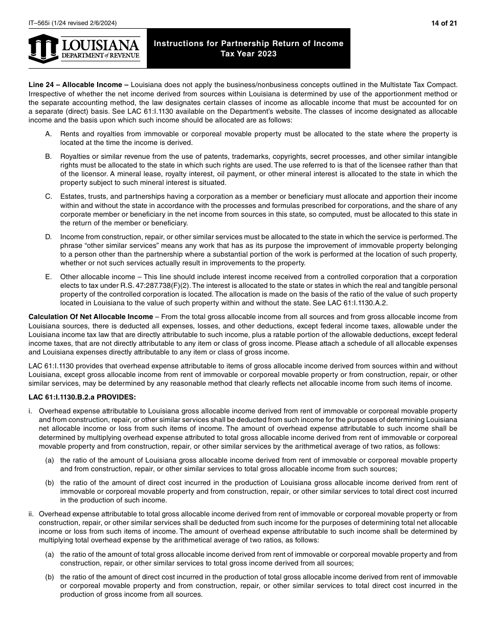 Instructions for Form IT-565 Partnership Return of Income - Louisiana, Page 14