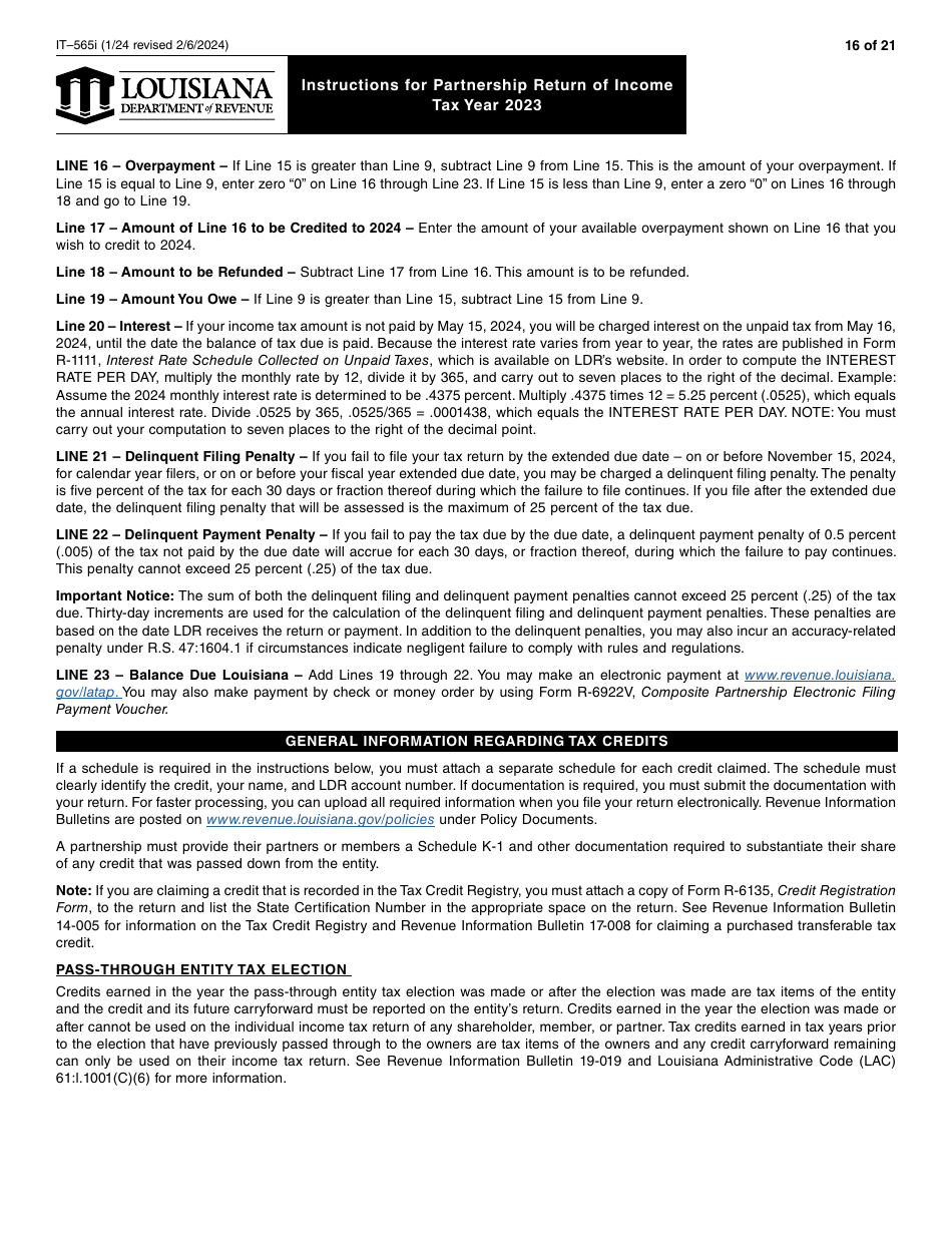 Instructions for Form IT-565 Partnership Return of Income - Louisiana, Page 16