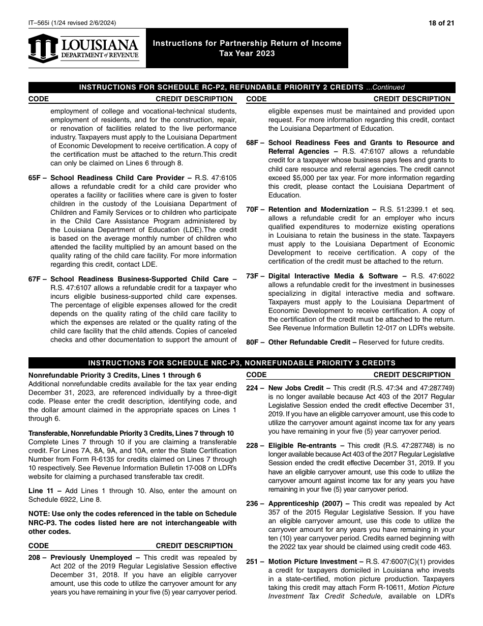 Instructions for Form IT-565 Partnership Return of Income - Louisiana, Page 18
