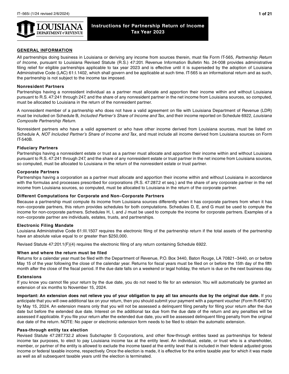 Instructions for Form IT-565 Partnership Return of Income - Louisiana, Page 1